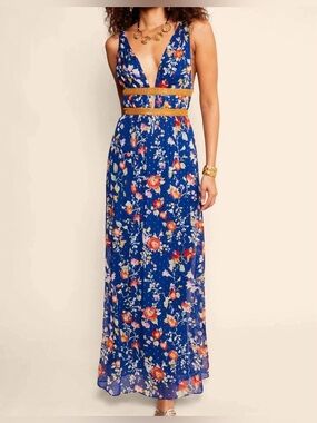 RIXO Charlotte Blue Floral Deep V Maxi Dress with Mustard Gold Trim